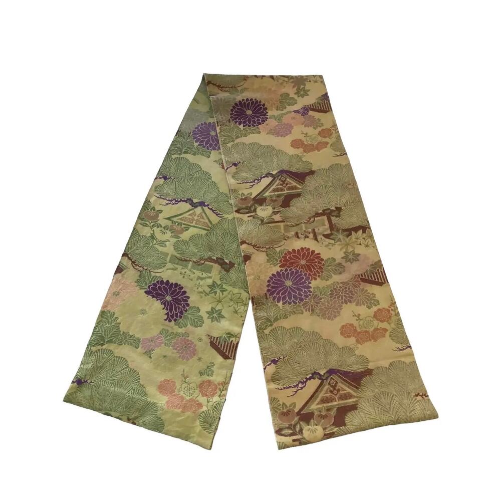 Antique Japanese Maru Silk & Wool Obi With Multicolored Peonies Landscape Design